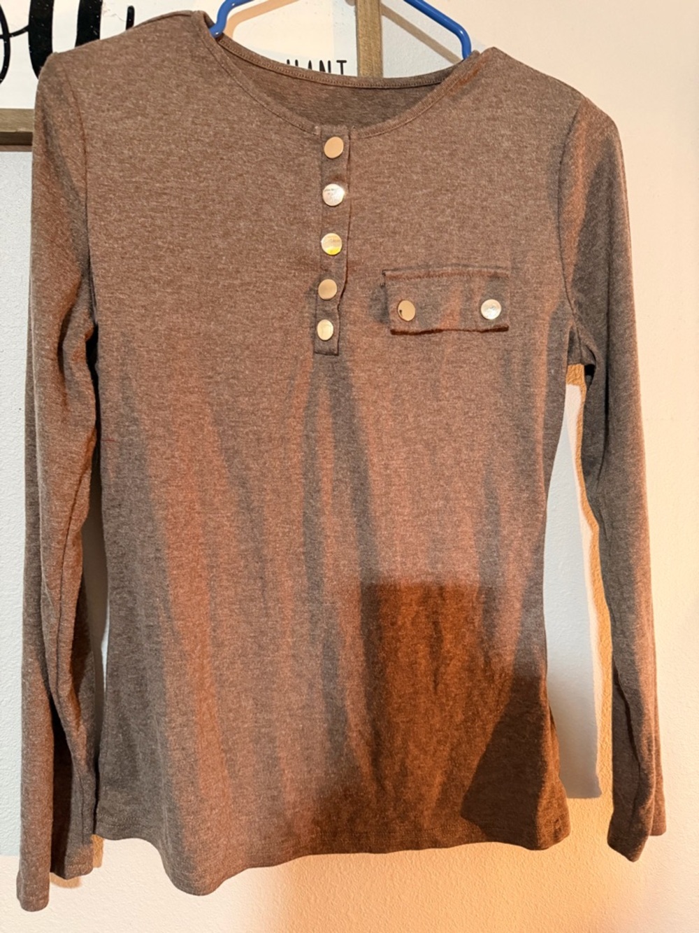 SHEIN Brown Long-Sleeve Henley Top with Button Placket